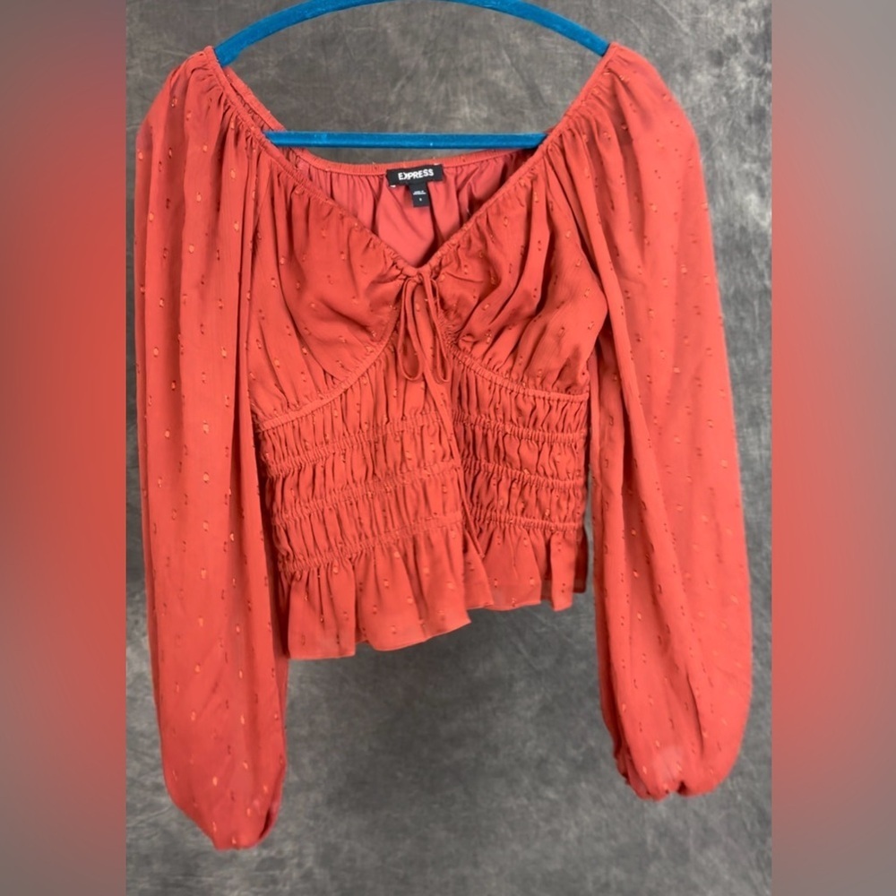 Express Women’s Sheer Smocked Blouse | Rust Orange Swiss Dot | Size Small